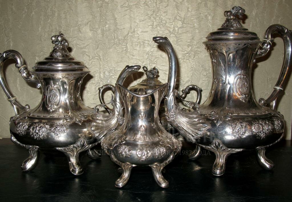 антикварный чайный серебрянный сервиз фото
