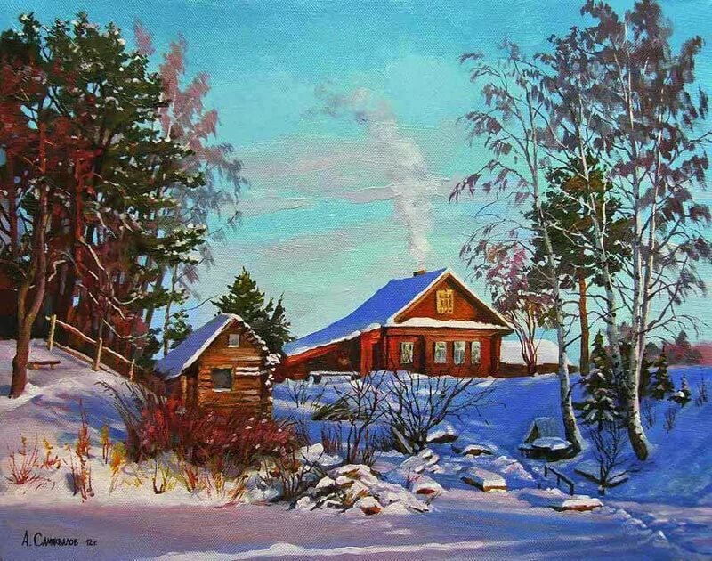 деревенский пейзаж маслом зима фото