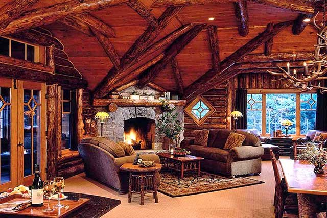 интерьер охотничьего домика с камином фото
