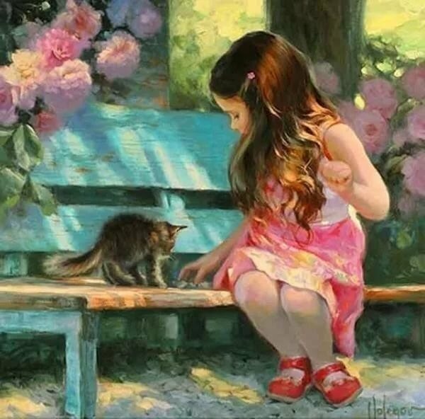 картина девочка с котенком фото