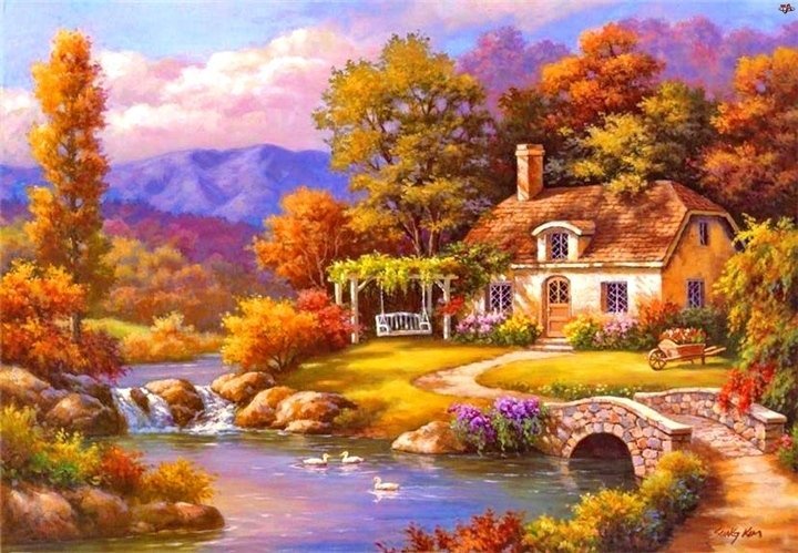 картина домик у реки фото