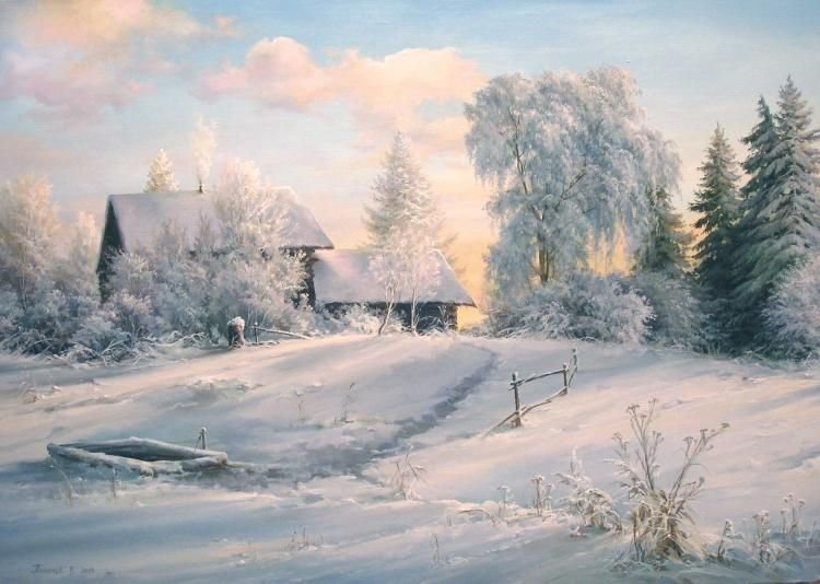 картины зимний пейзаж в деревне фото