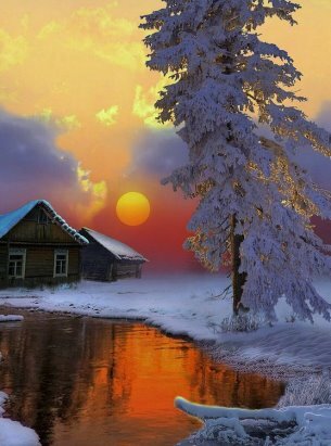 красивый зимний пейзаж с домиком фото