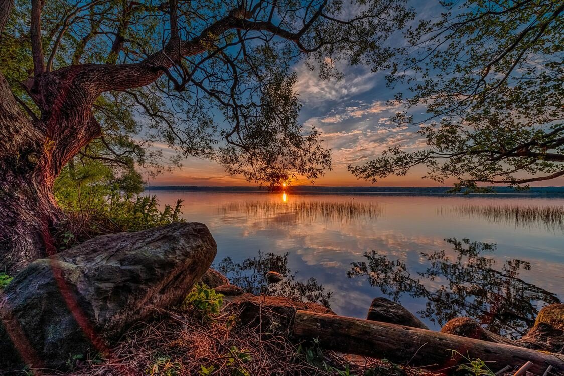 пейзаж закат на озере фото