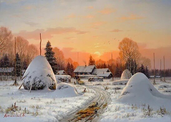 пейзаж зима живопись вечер фото
