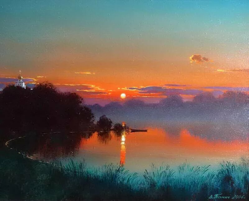 закат на реке живопись фото