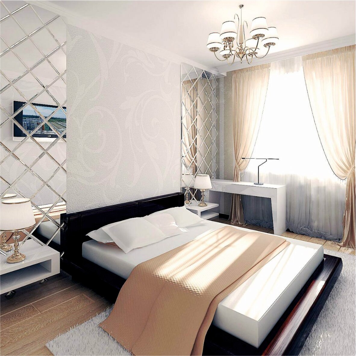зеркальная плитка в интерьере спальни фото