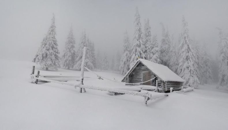 зимний деревенский пейзаж черно- белый фото