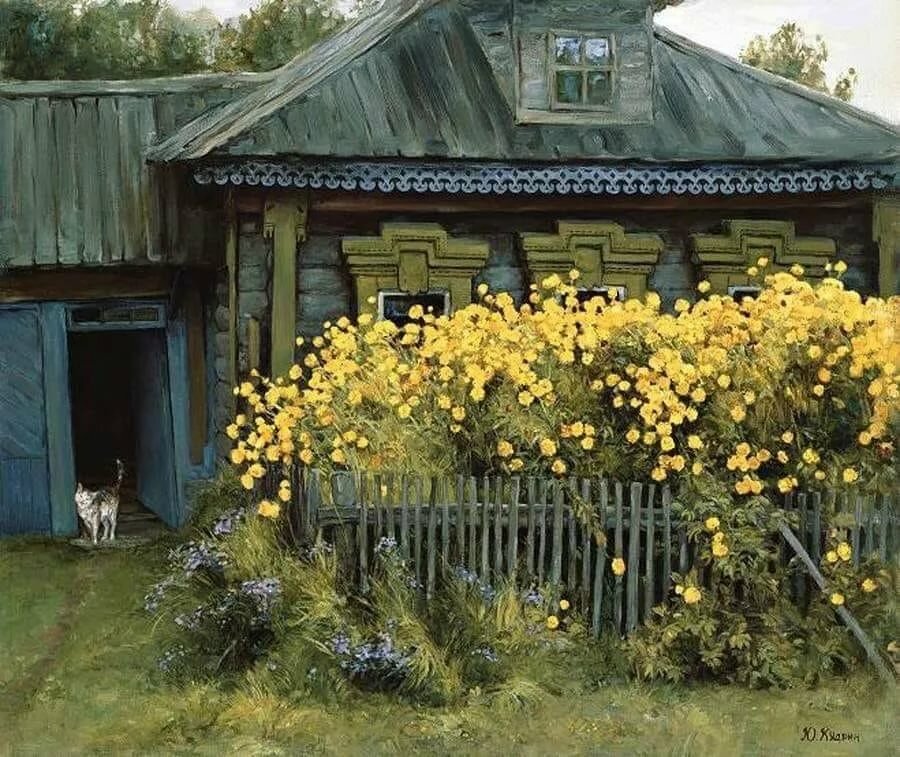 деревенский домик с палисадником картинка фото
