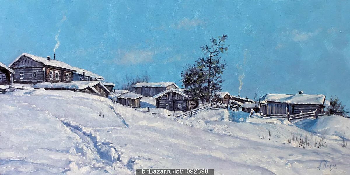 деревенский пейзаж маслом зима фото