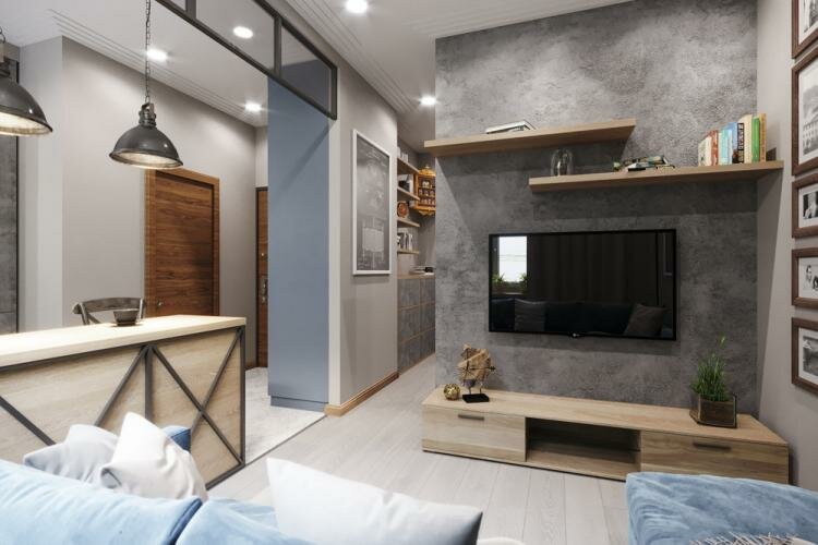 гостиная в стиле лофт в кв студии 27м фото