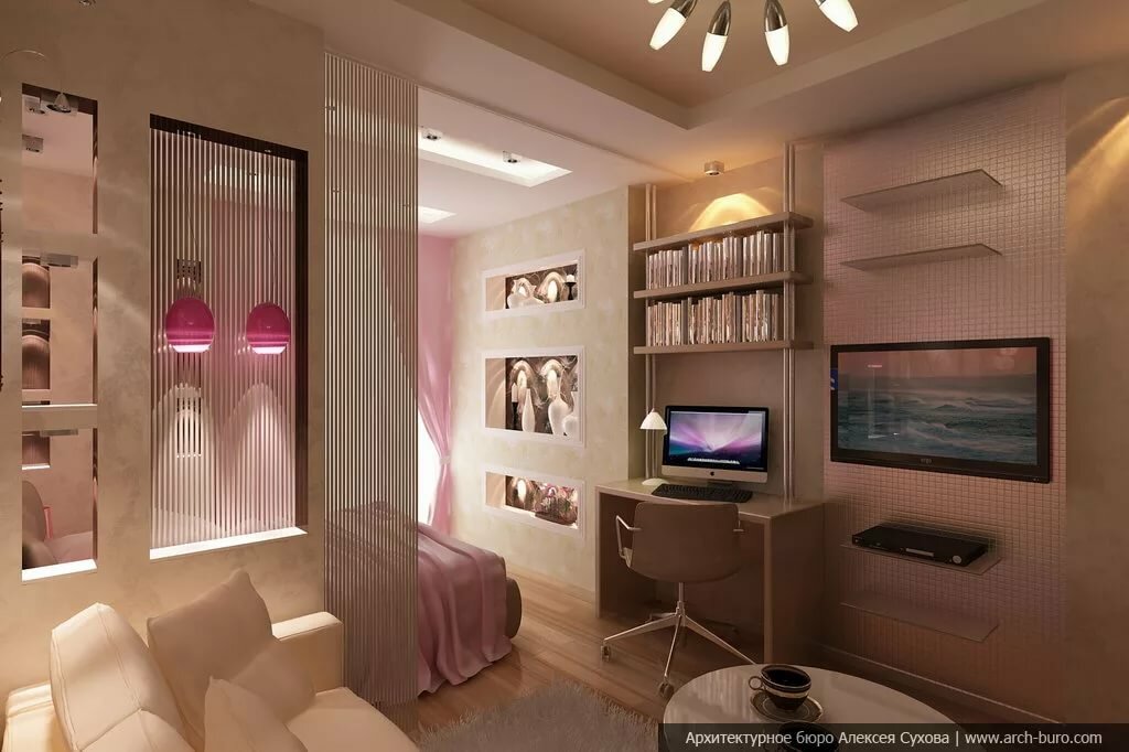 интерьер однокомнатной квартиры 40 кв.м с разделением зон фото