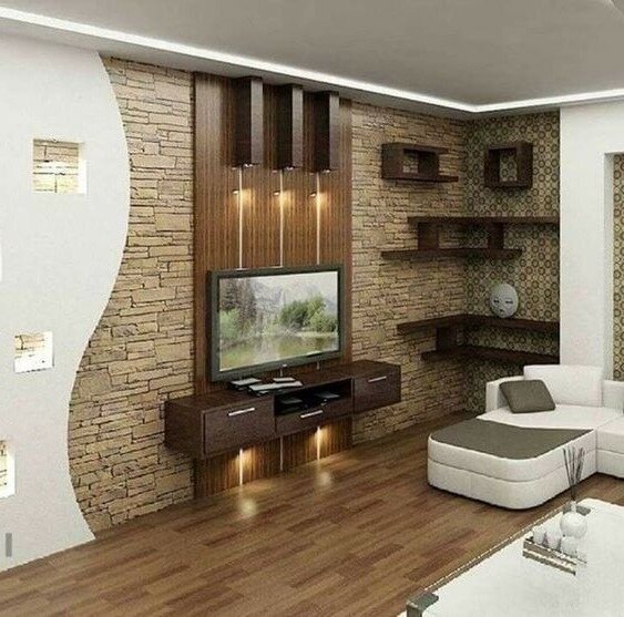 интерьеры гостинной с камнем и камином фото