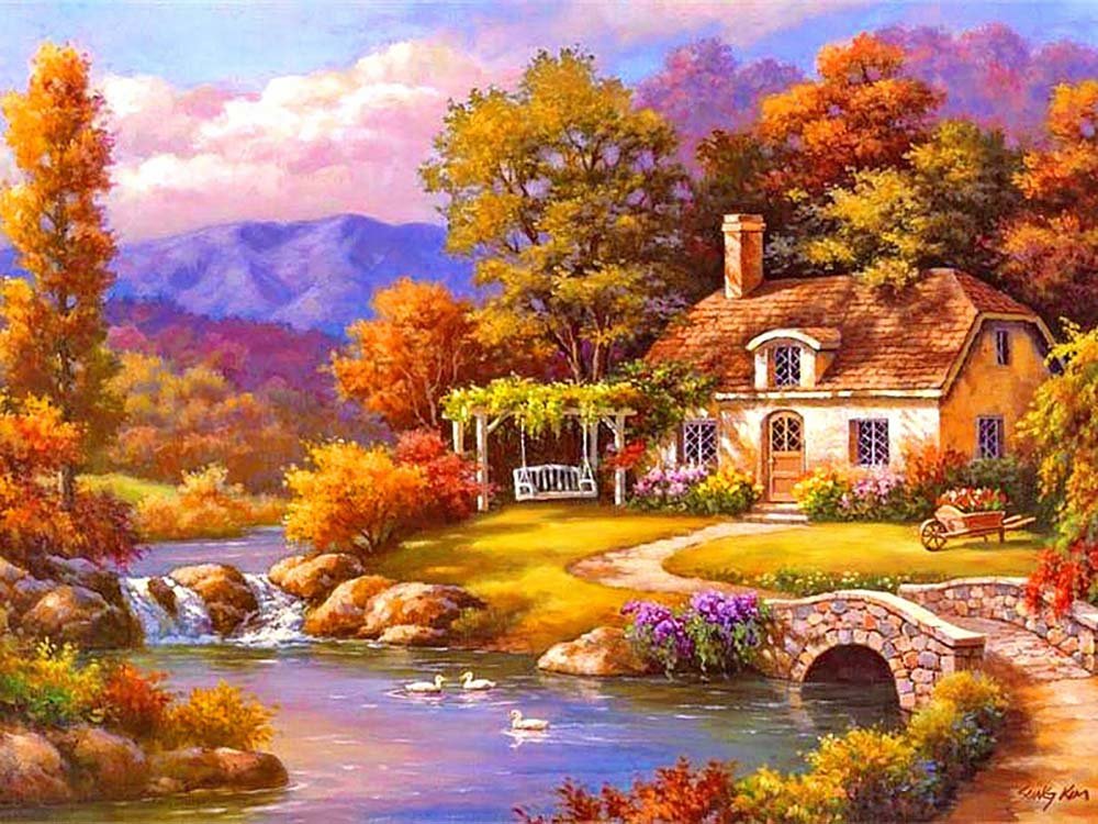 картина домик у реки фото