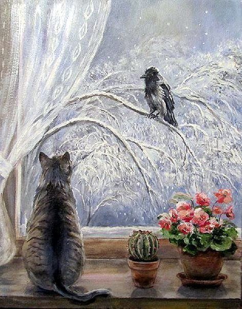 картина кошка на окне фото