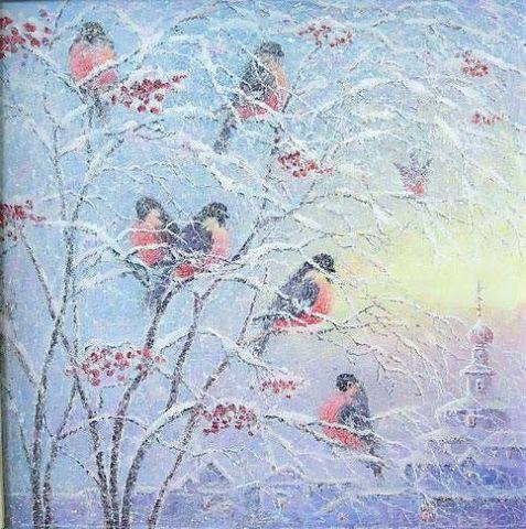 картина зима снегири фото