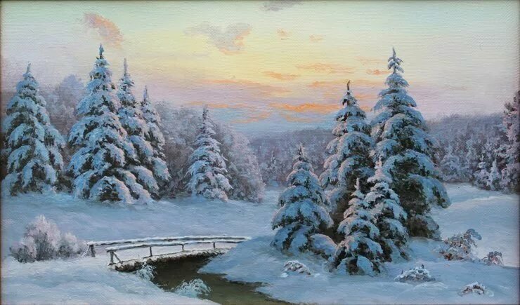 картина зимний пейзаж с елями фото
