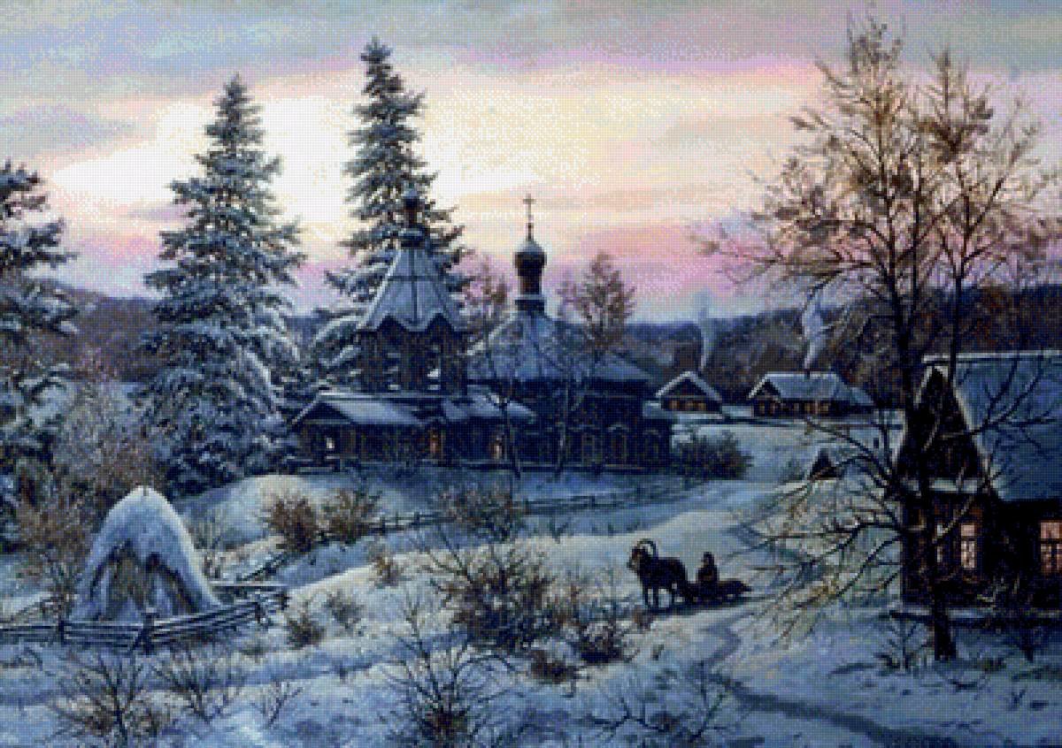 картина зимний вечер в деревне фото