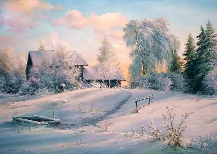 картины зимний пейзаж в деревне фото