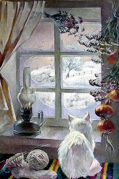 кот на окне зима рисунок фото