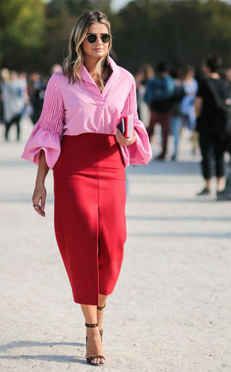 красная юбка карандаш street style фото