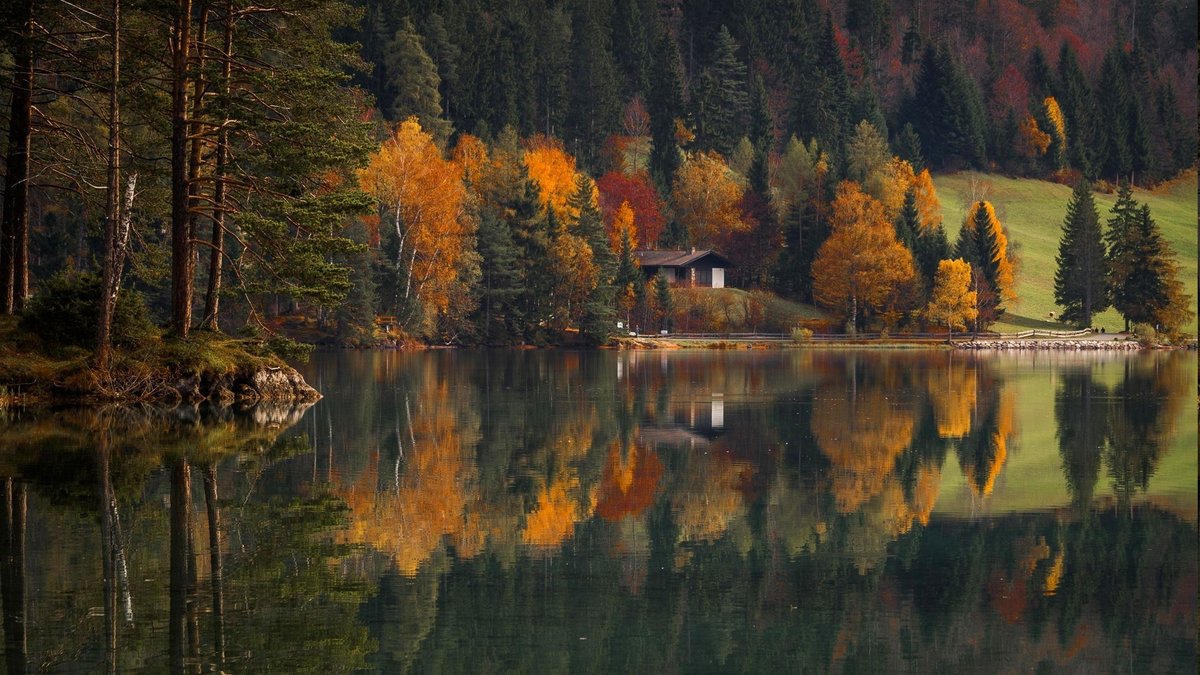 осень лес озеро домик фото