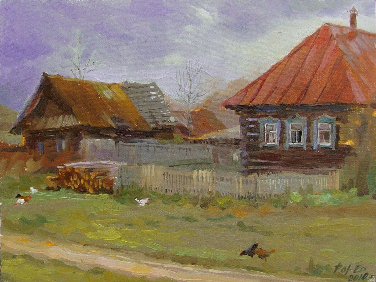 пейзаж с деревенской избой живопись фото