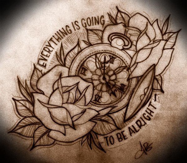 rose compass watch tattoo sketch фото