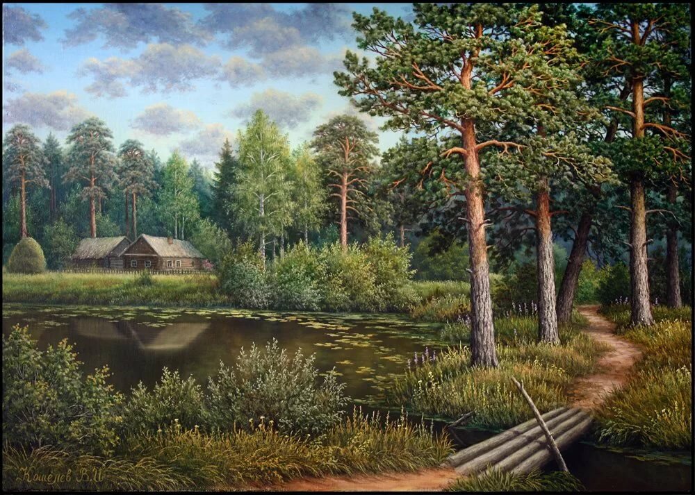 сосны у озера живопись фото