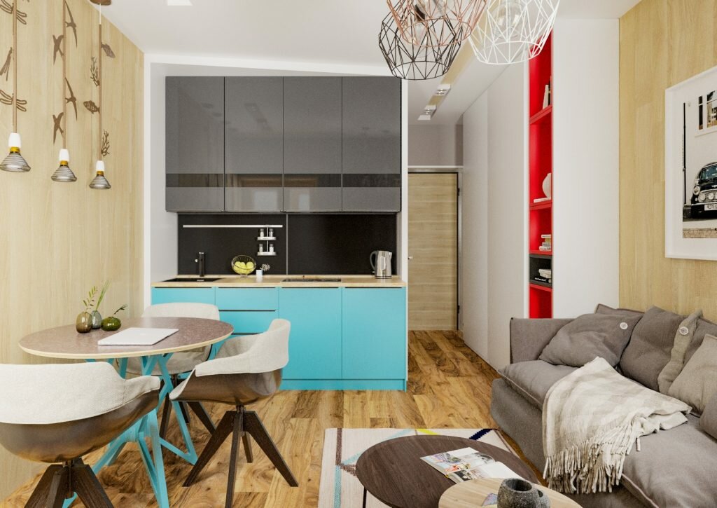 светлая кухня с бирюзовыми акцентами фото