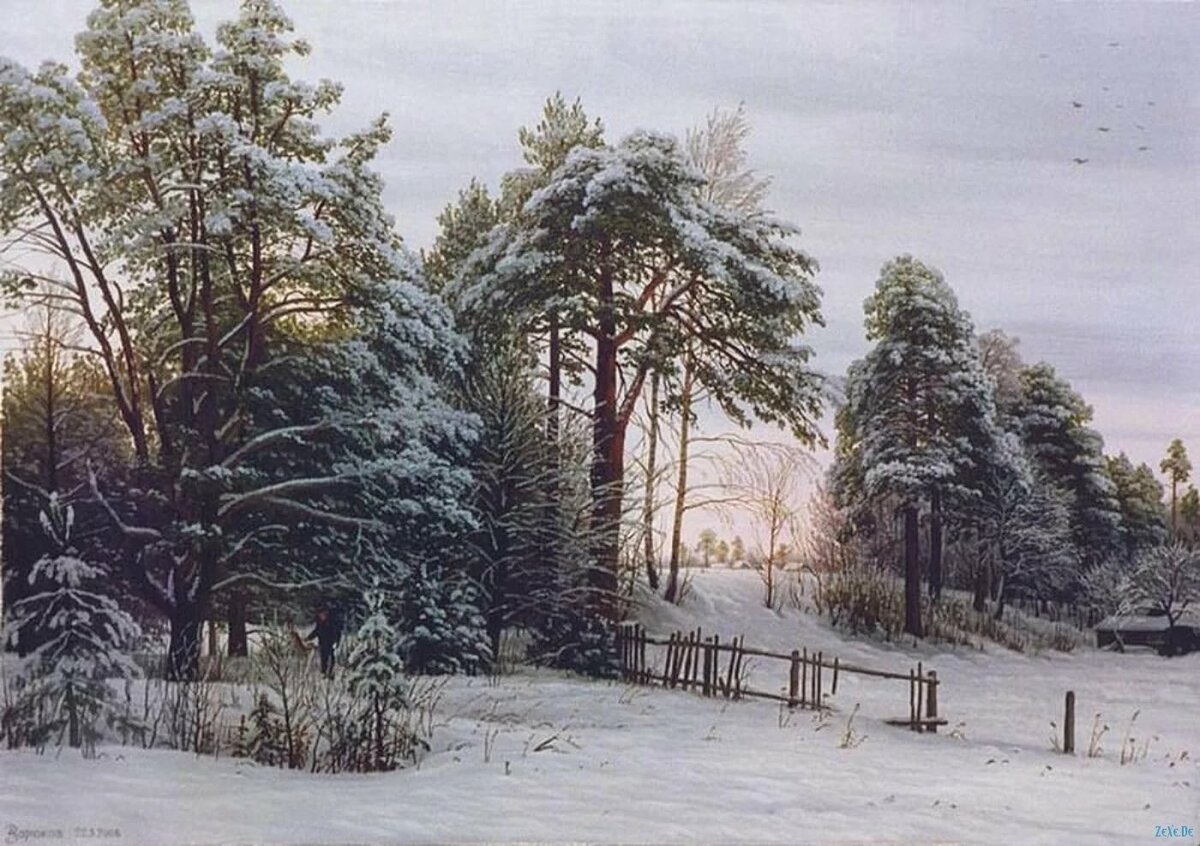 живопись зима сосны фото