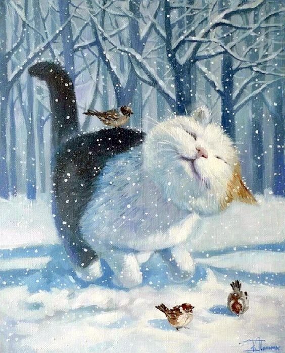 зима кошка живопись фото