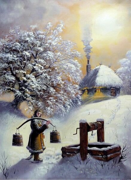 зима люди живопись фото