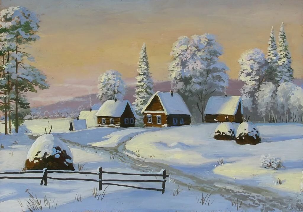 зима в деревне рисунок фото
