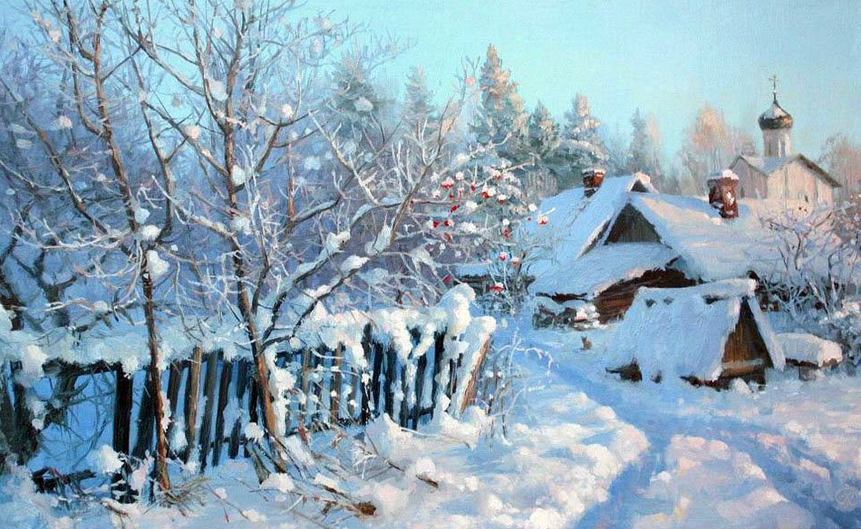 зима в деревне живопись фото