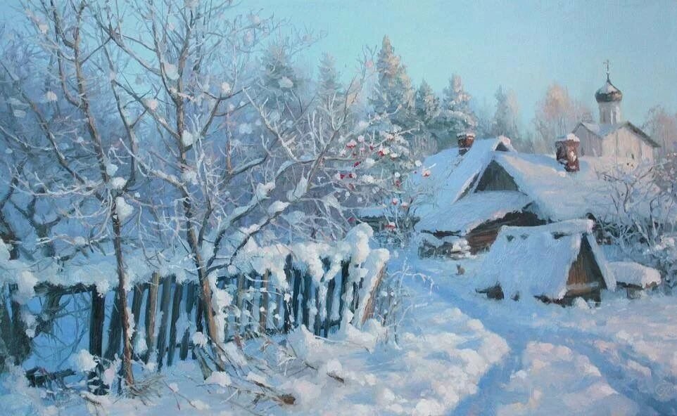 зима в деревне живопись фото