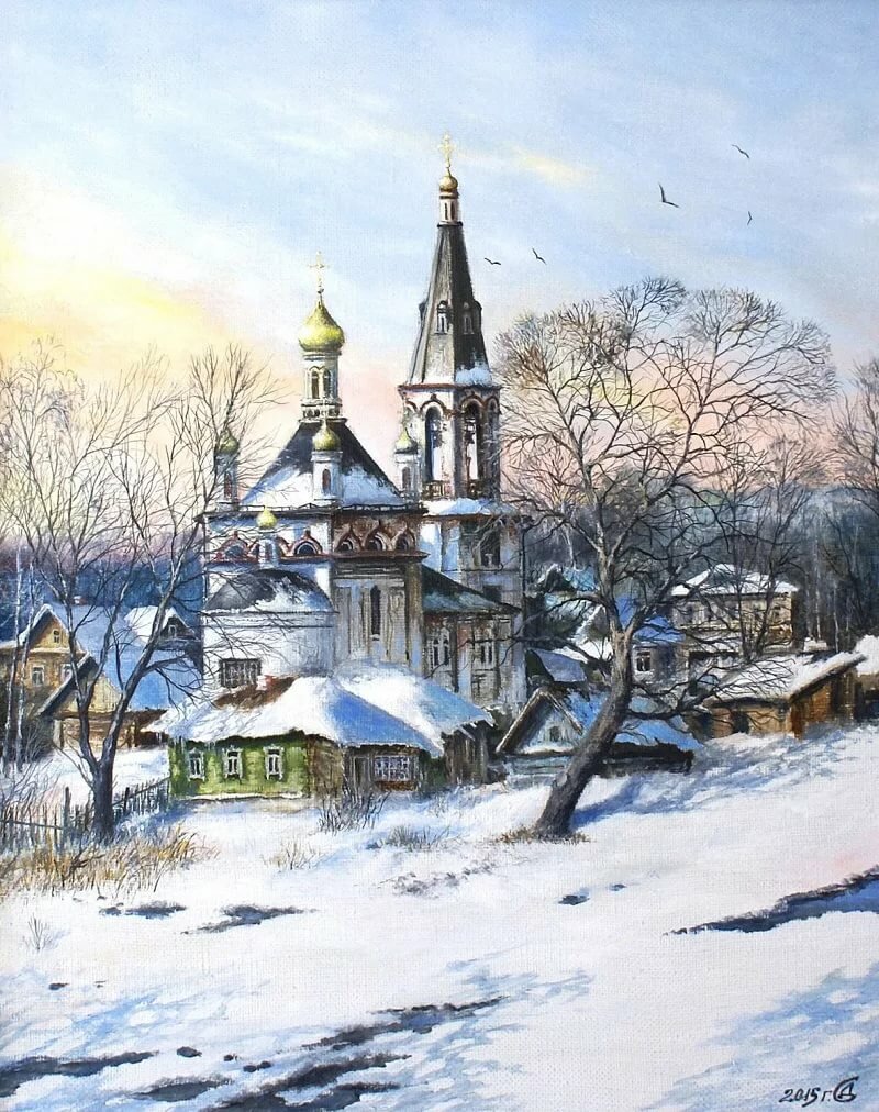 зимний пейзаж с церковью фото