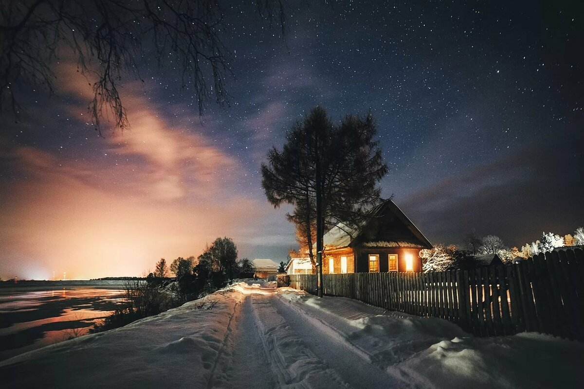 зимняя ночная деревня фото